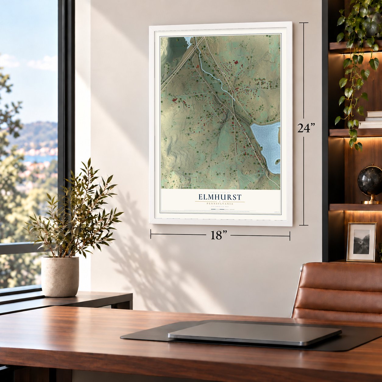 Elmhurst, Pennsylvania map, 18 x 24 inch print in a white frame in a home office