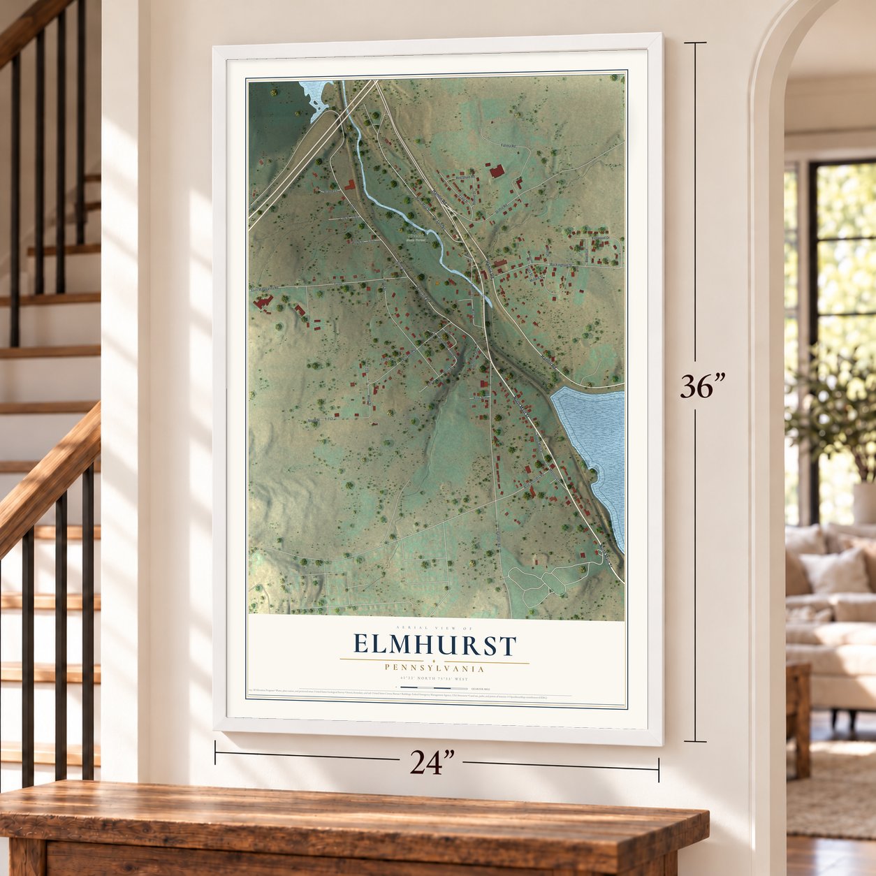 Elmhurst, Pennsylvania map, 24 x 36 inch print in a white frame by a staircase
