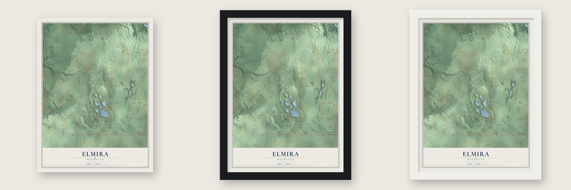 Elmira, Michigan map unframed, in a black wood frame and in a white wood frame