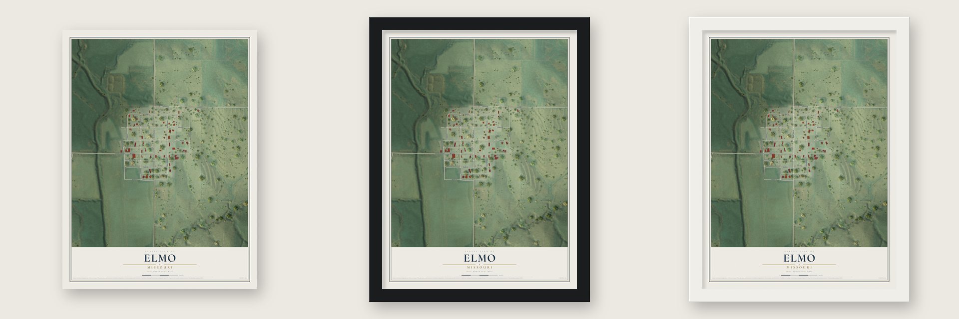 Elmo, Missouri map unframed, in a black wood frame and in a white wood frame
