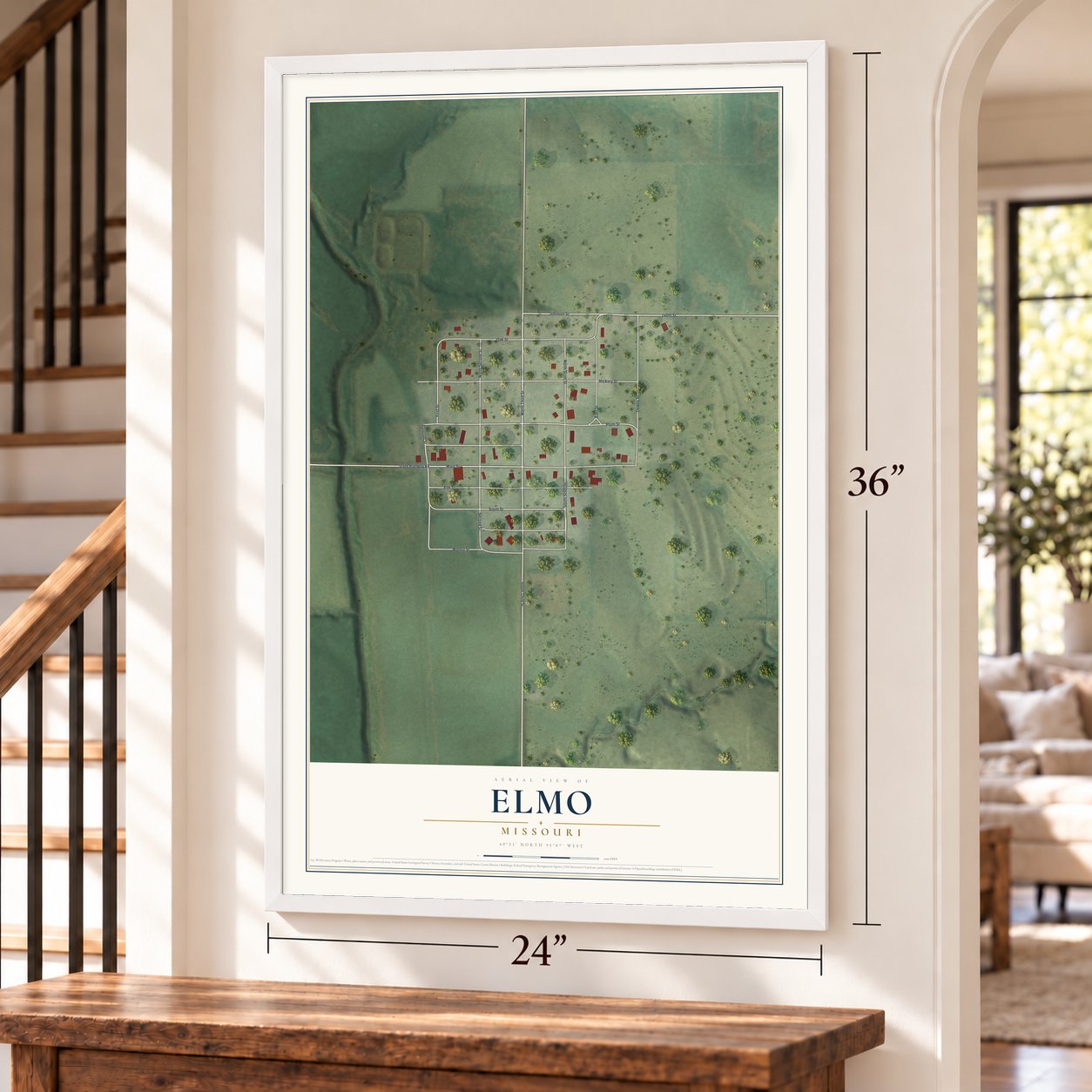 Elmo, Missouri map, 24 x 36 inch print in a white frame by a staircase
