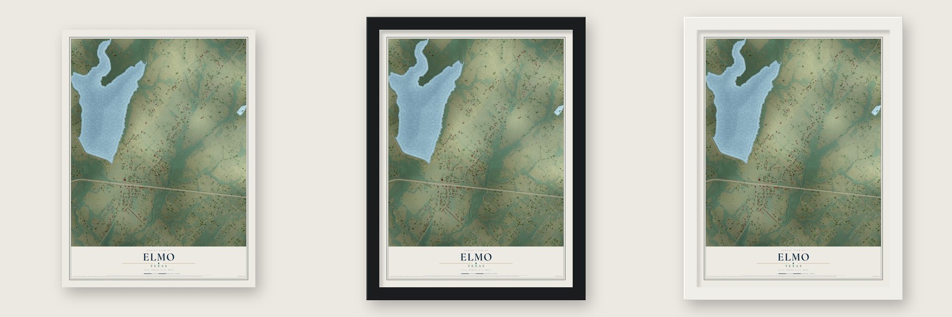 Elmo, Texas map unframed, in a black wood frame and in a white wood frame