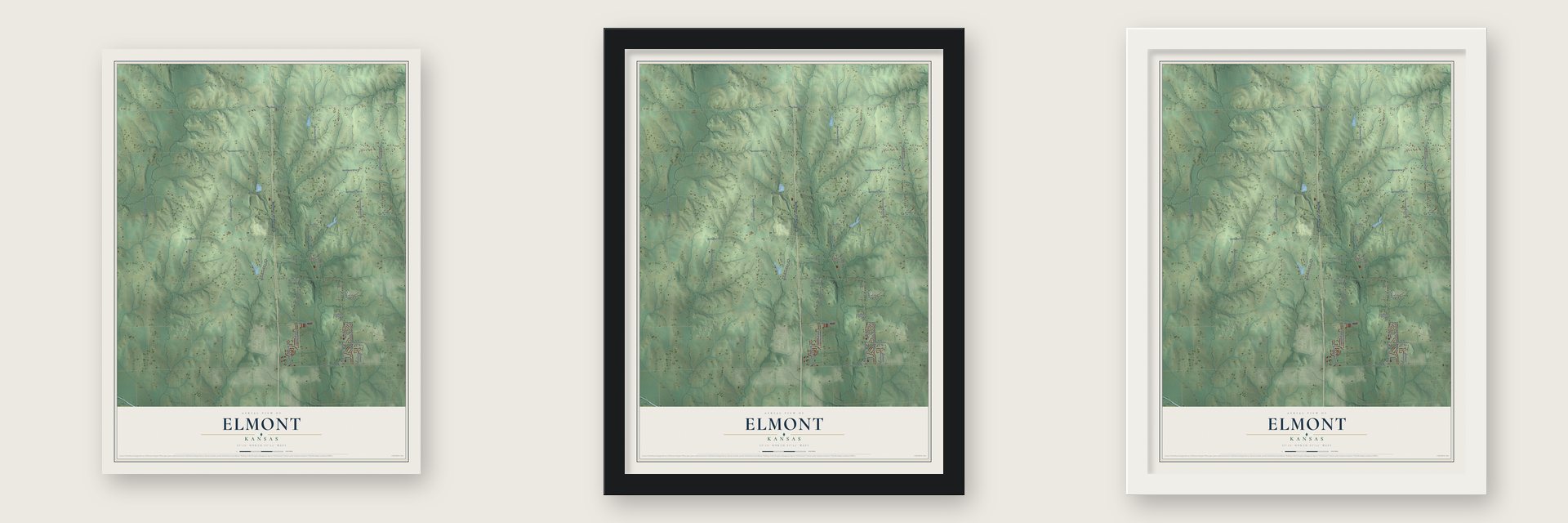 Elmont, Kansas map unframed, in a black wood frame and in a white wood frame