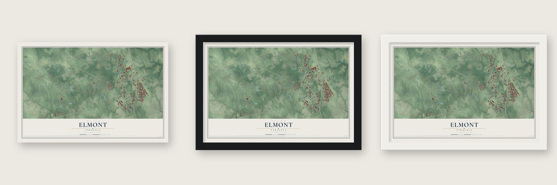 Elmont, Virginia map unframed, in a black wood frame and in a white wood frame