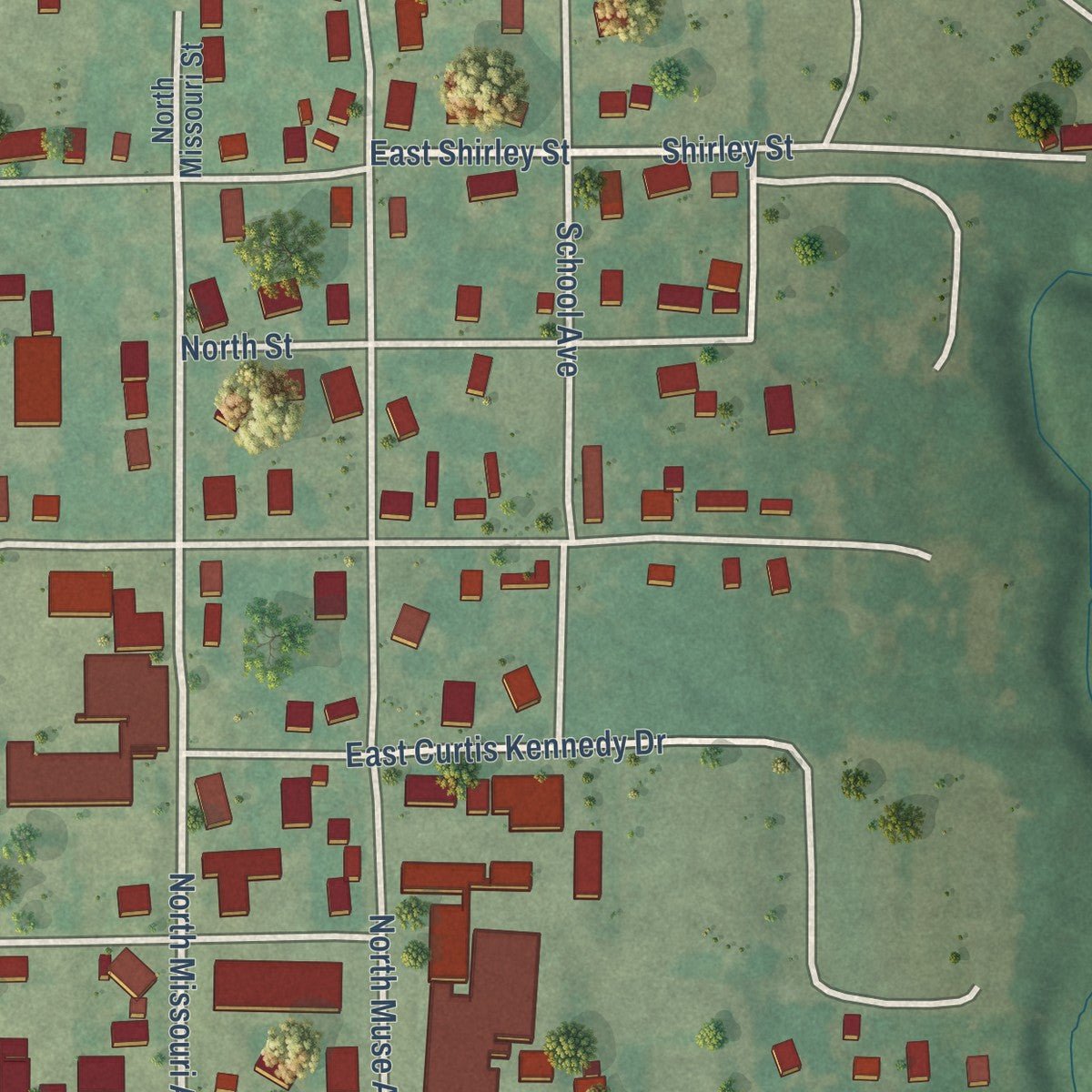 Second close-up of the map of Elmore City, Oklahoma print showing more streets and buildings
