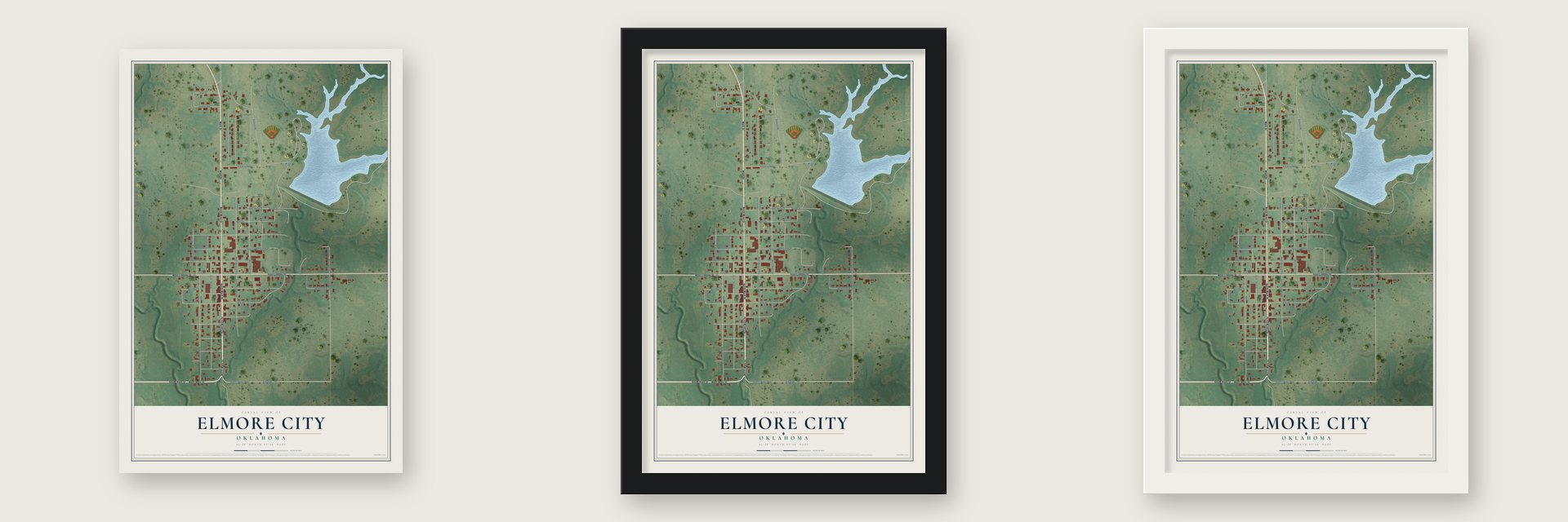 Elmore City, Oklahoma map unframed, in a black wood frame and in a white wood frame