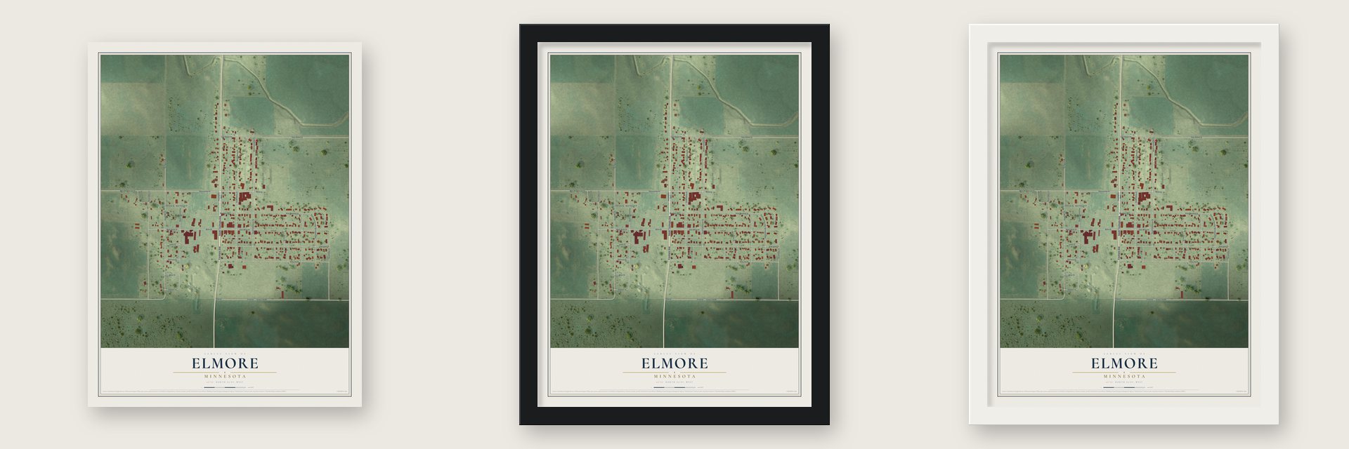 Elmore, Minnesota map unframed, in a black wood frame and in a white wood frame