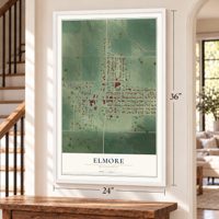 Elmore, Minnesota map, 24 x 36 inch print in a white frame by a staircase