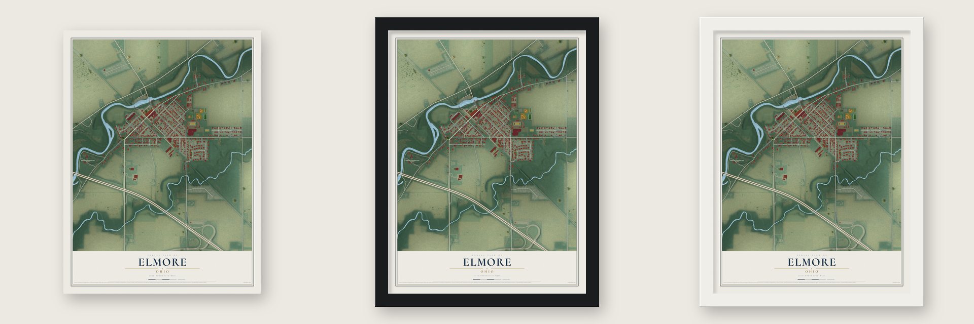 Elmore, Ohio map unframed, in a black wood frame and in a white wood frame