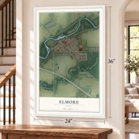 Elmore, Ohio map, 24 x 36 inch print in a white frame by a staircase