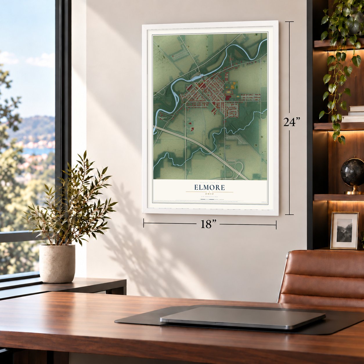 Elmore, Ohio map, 18 x 24 inch print in a white frame in a home office