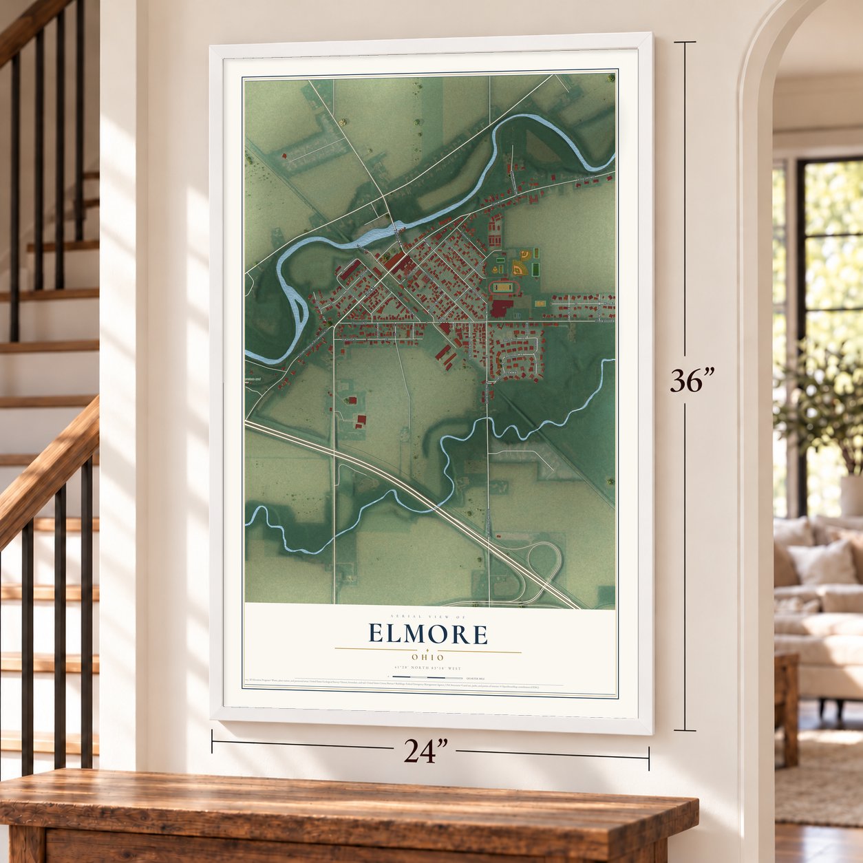 Elmore, Ohio map, 24 x 36 inch print in a white frame by a staircase
