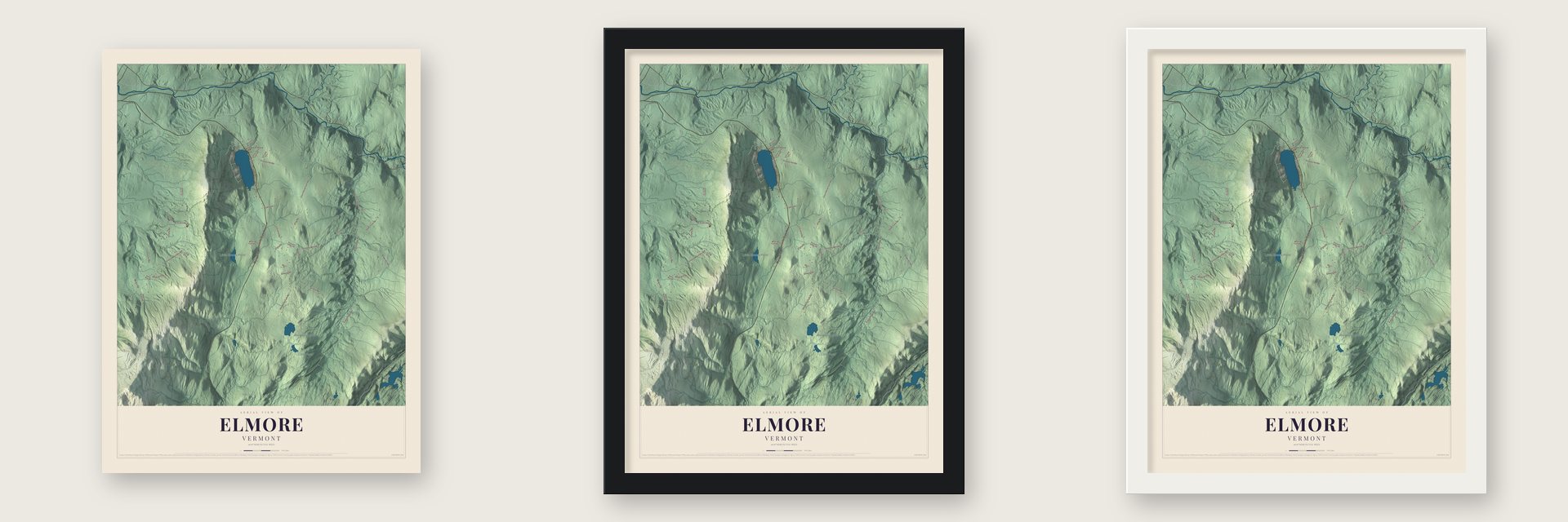 Elmore, Vermont map unframed, in a black wood frame and in a white wood frame
