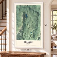 Elmore, Vermont map, 24 x 36 inch print in a white frame by a staircase
