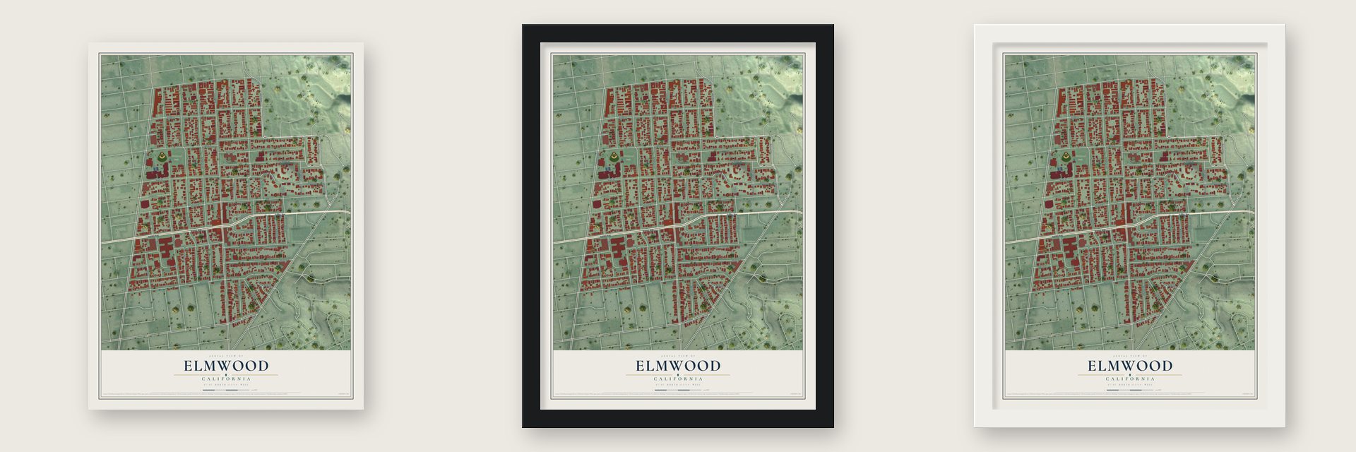 Elmwood, California map unframed, in a black wood frame and in a white wood frame
