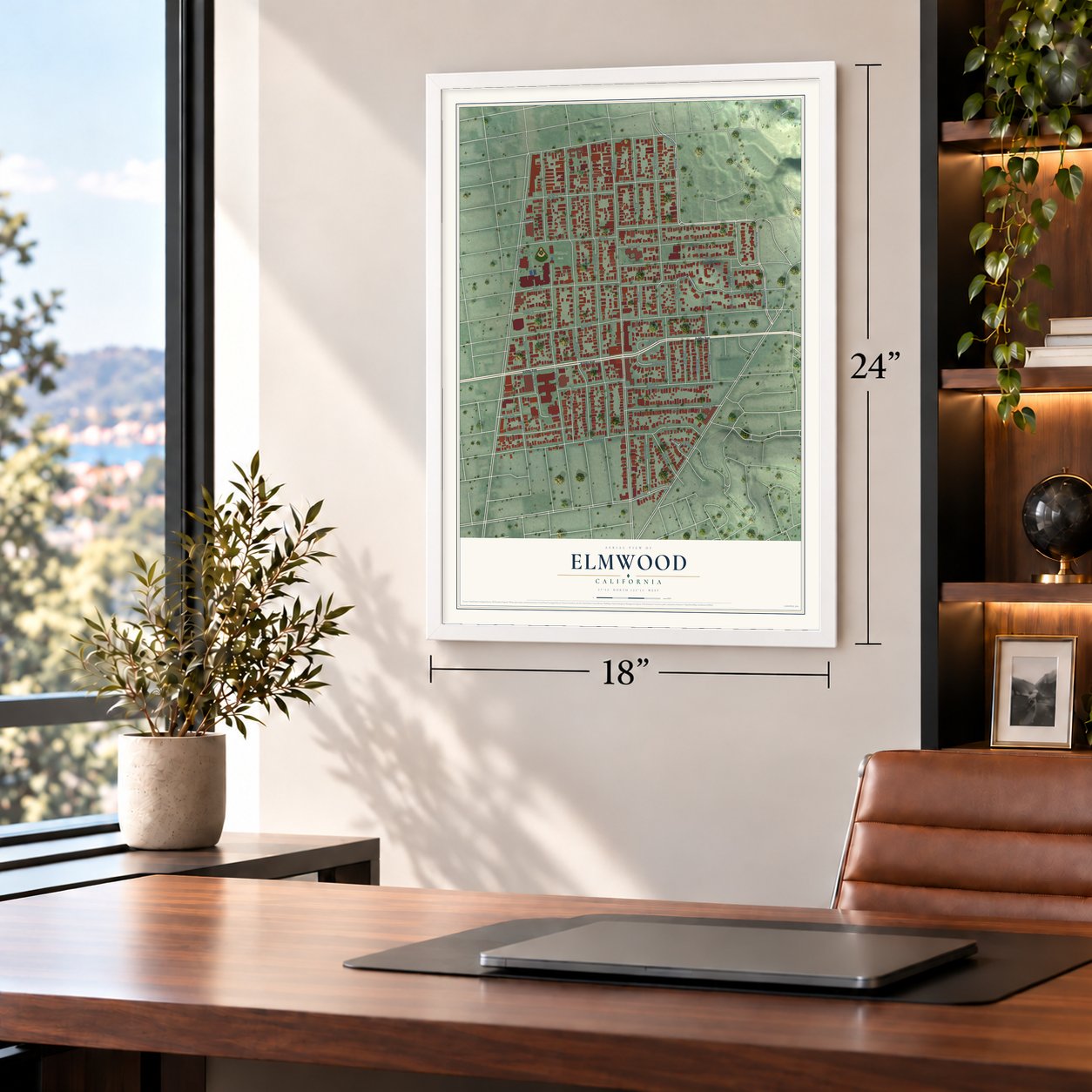 Elmwood, California map, 18 x 24 inch print in a white frame in a home office