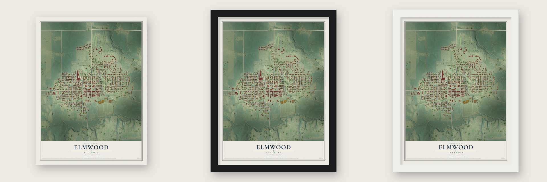 Elmwood, Illinois map unframed, in a black wood frame and in a white wood frame