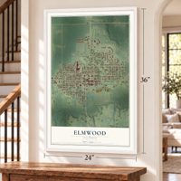 Elmwood, Illinois map, 24 x 36 inch print in a white frame by a staircase