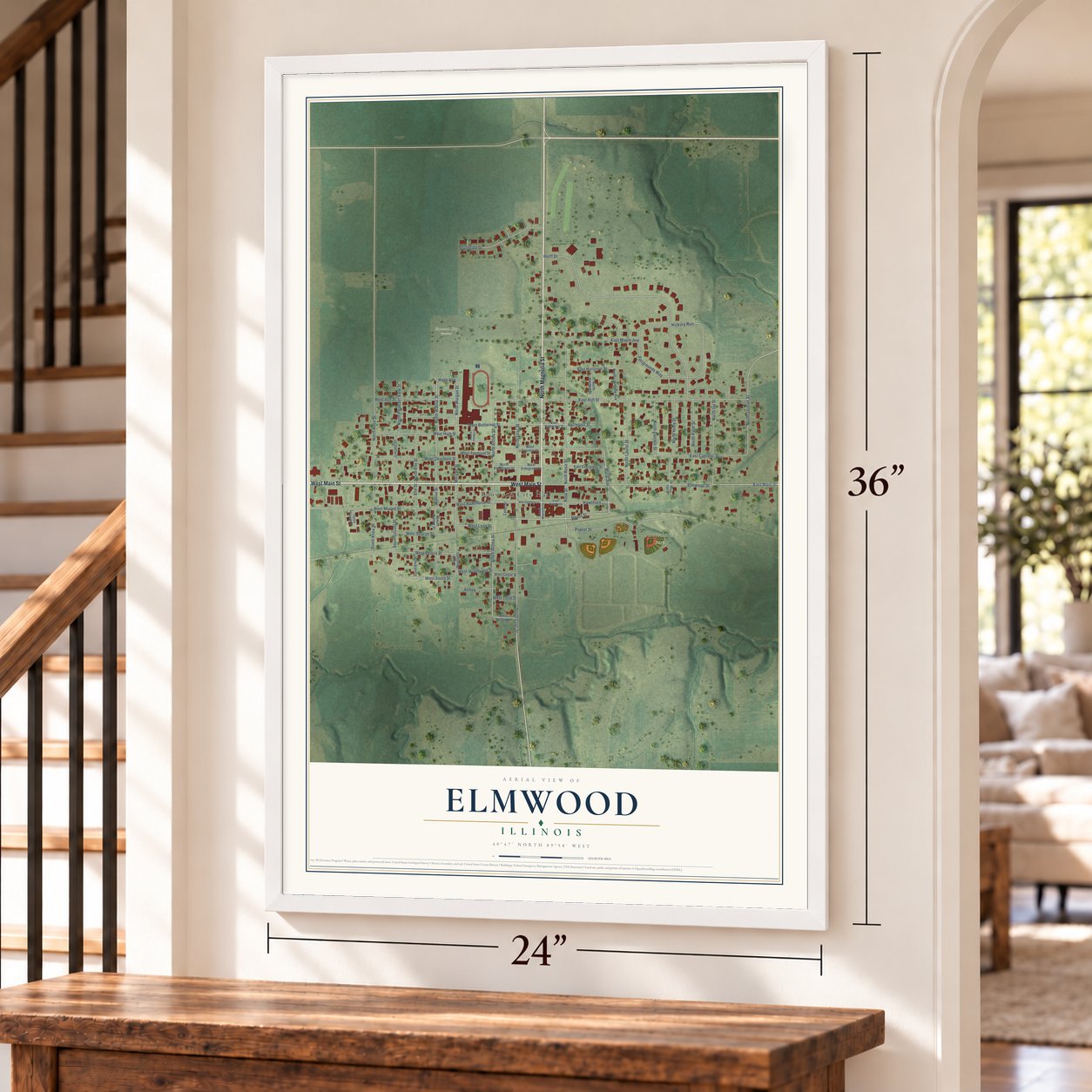 Elmwood, Illinois map, 24 x 36 inch print in a white frame by a staircase