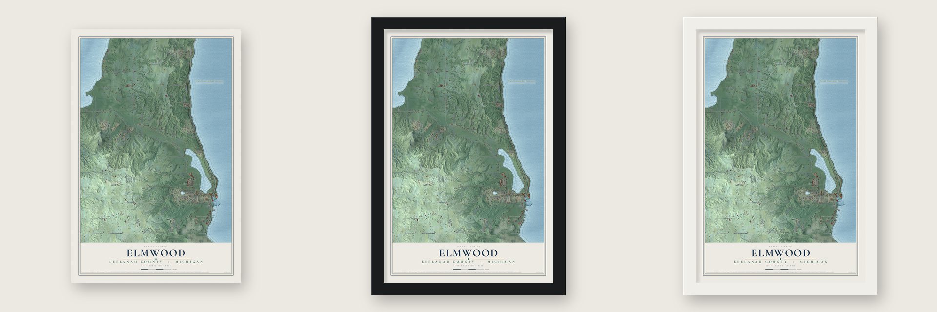 Elmwood, Leelanau County, Michigan map unframed, in a black wood frame and in a white wood frame
