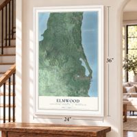 Elmwood, Leelanau County, Michigan map, 24 x 36 inch print in a white frame by a staircase