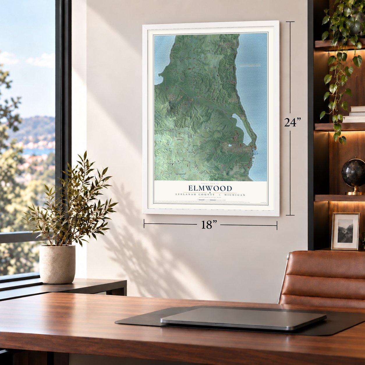 Elmwood, Leelanau County, Michigan map, 18 x 24 inch print in a white frame in a home office