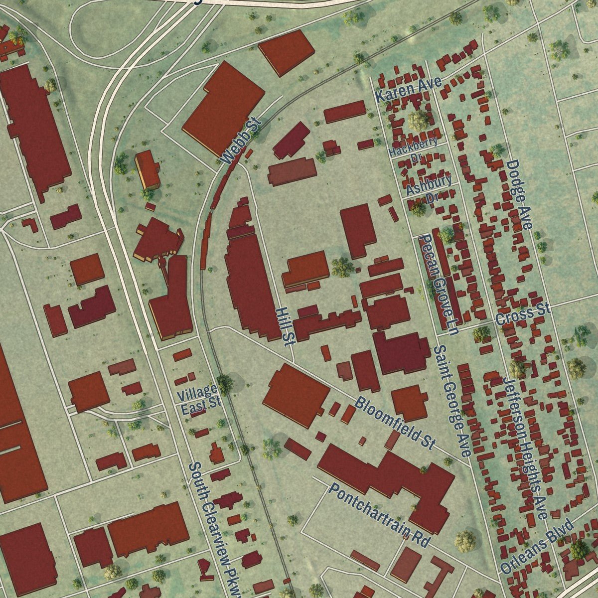 Second close-up of the map of Elmwood, Louisiana print showing more streets and buildings