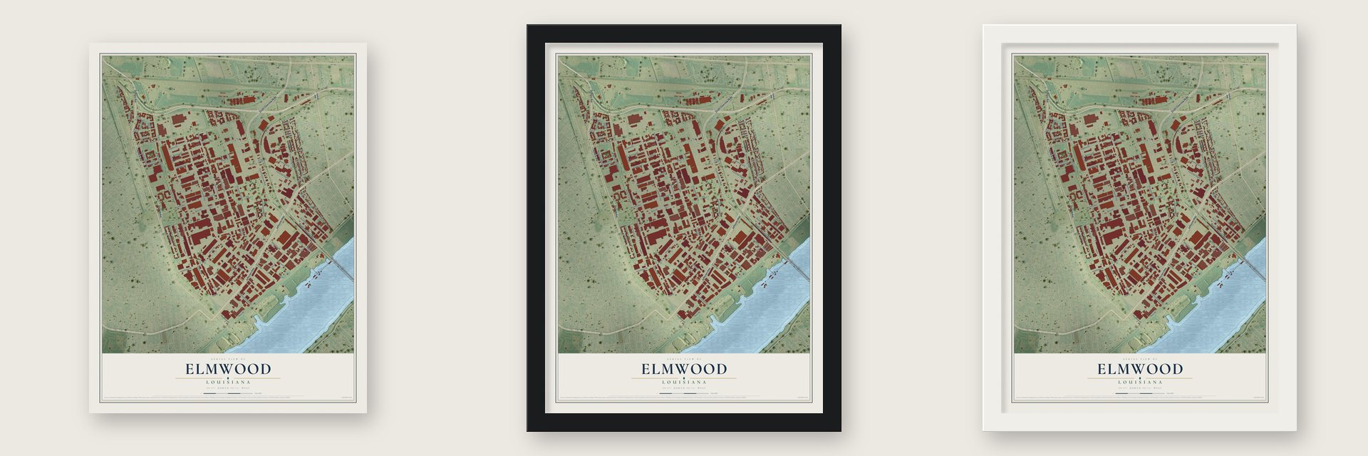 Elmwood, Louisiana map unframed, in a black wood frame and in a white wood frame