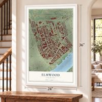 Elmwood, Louisiana map, 24 x 36 inch print in a white frame by a staircase