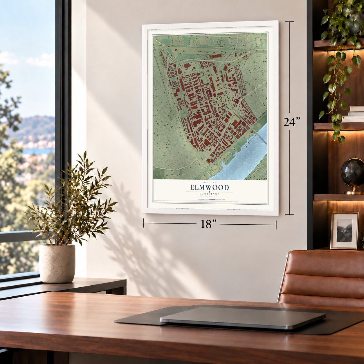 Elmwood, Louisiana map, 18 x 24 inch print in a white frame in a home office