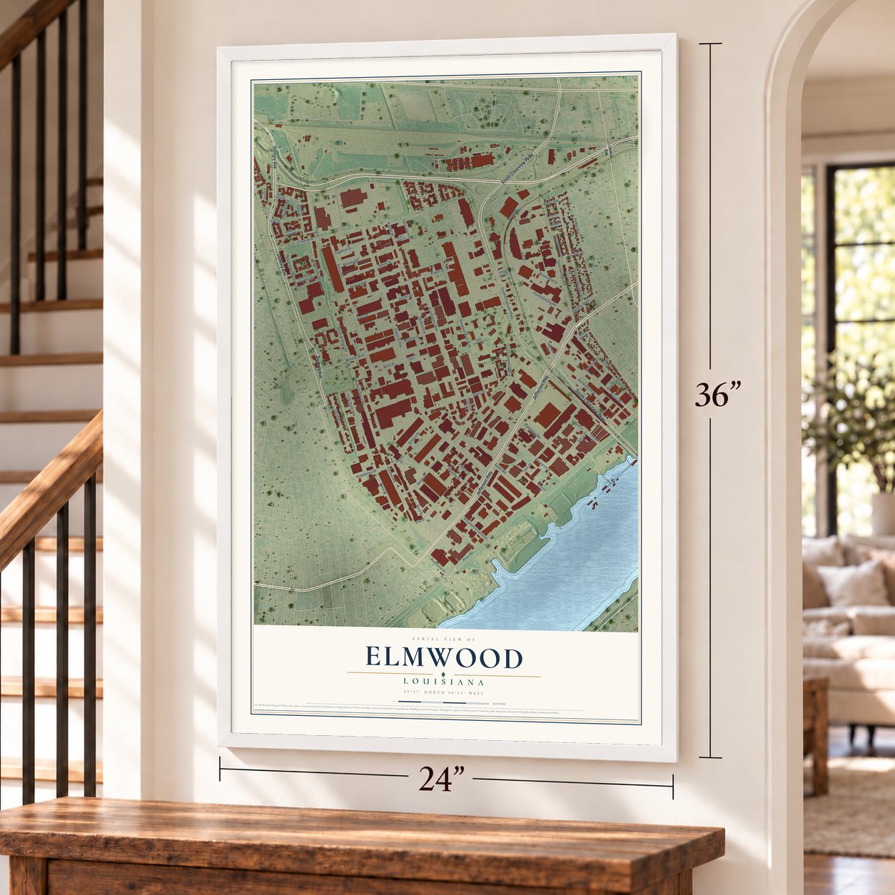 Elmwood, Louisiana map, 24 x 36 inch print in a white frame by a staircase