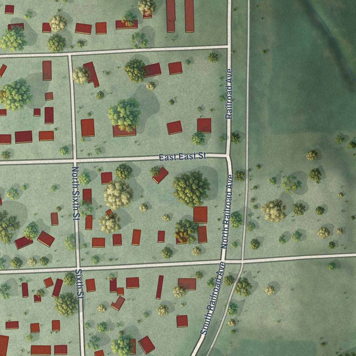 Second close-up of the map of Elmwood, Nebraska print showing more streets and buildings