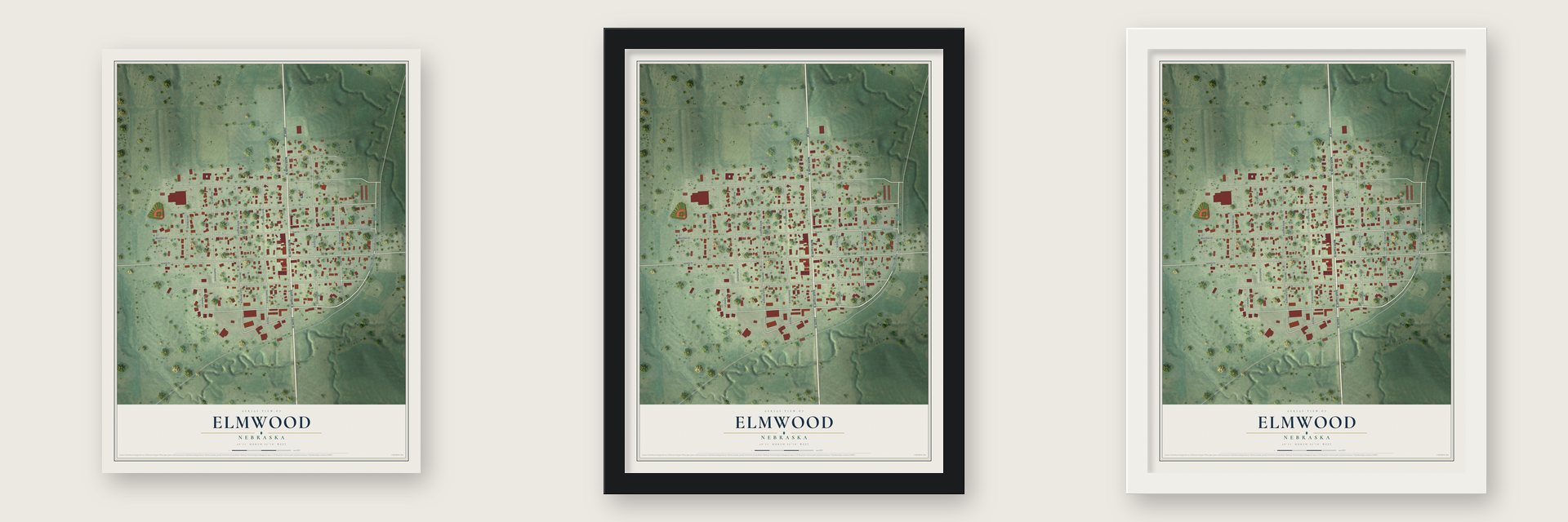 Elmwood, Nebraska map unframed, in a black wood frame and in a white wood frame