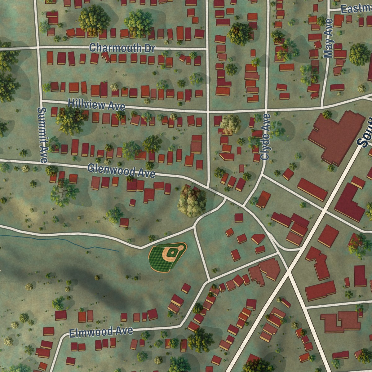 Second close-up of the map of Elmwood, New York print showing more streets and buildings