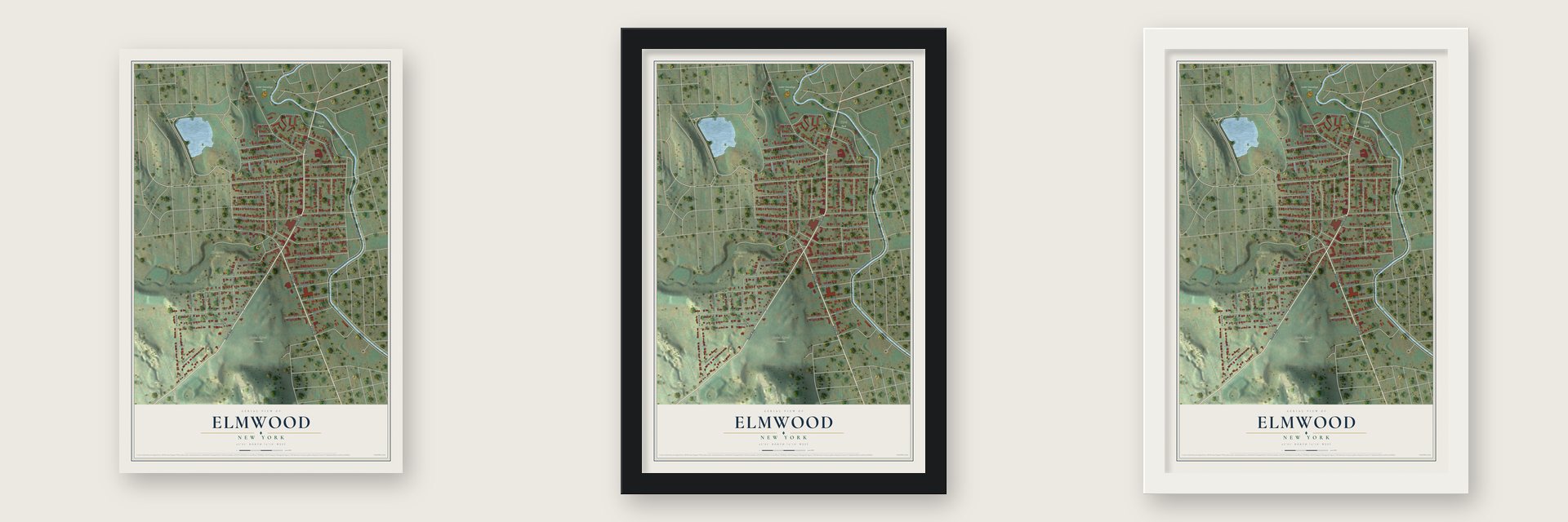 Elmwood, New York map unframed, in a black wood frame and in a white wood frame