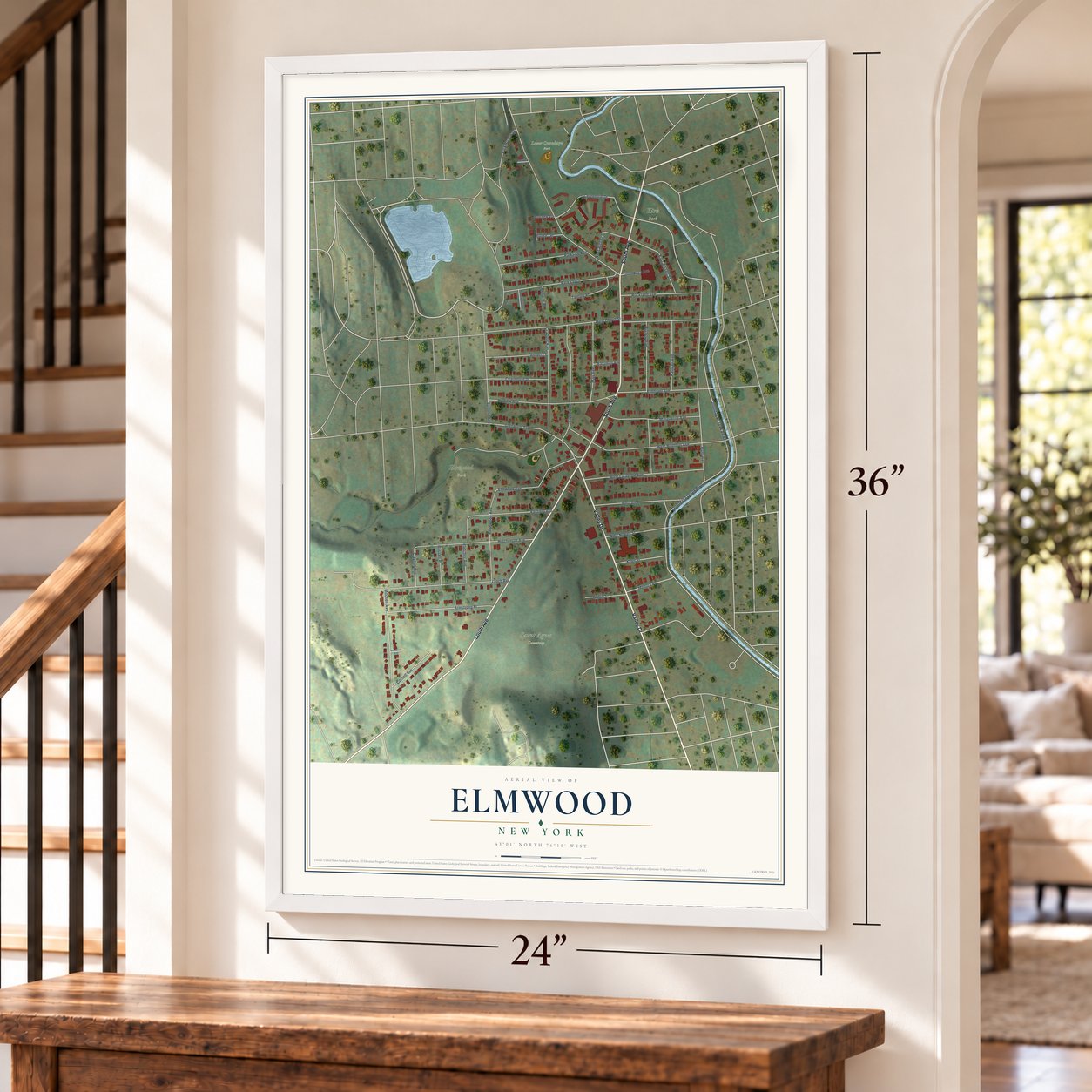 Elmwood, New York map, 24 x 36 inch print in a white frame by a staircase