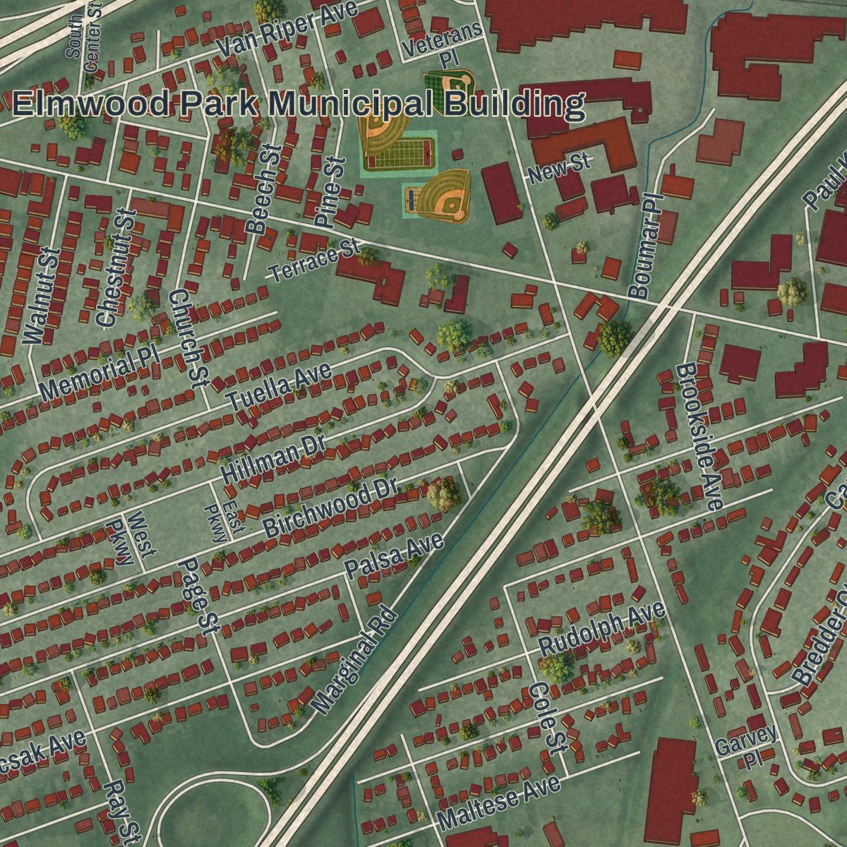Second close-up of the map of Elmwood Park, New Jersey print showing more streets and buildings