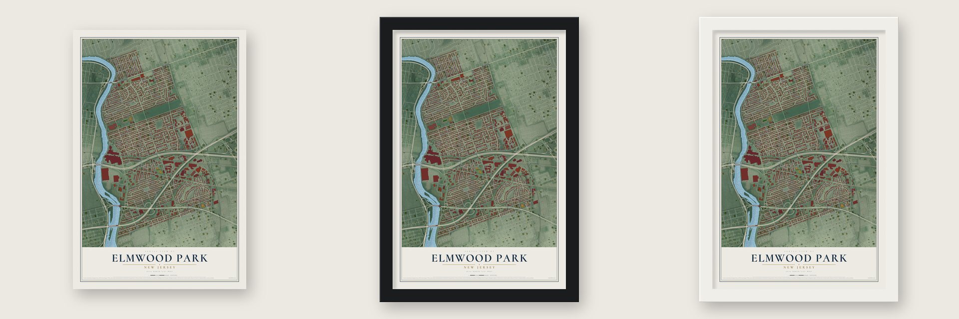 Elmwood Park, New Jersey map unframed, in a black wood frame and in a white wood frame