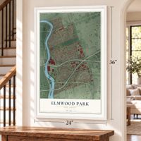Elmwood Park, New Jersey map, 24 x 36 inch print in a white frame by a staircase