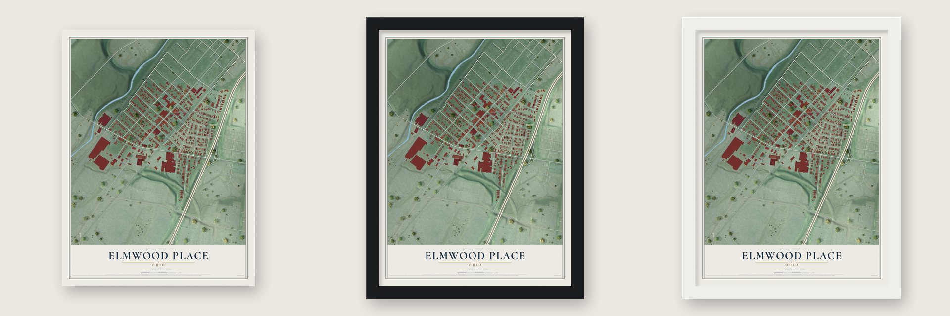 Elmwood Place, Ohio map unframed, in a black wood frame and in a white wood frame