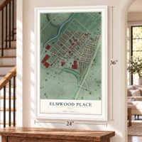 Elmwood Place, Ohio map, 24 x 36 inch print in a white frame by a staircase