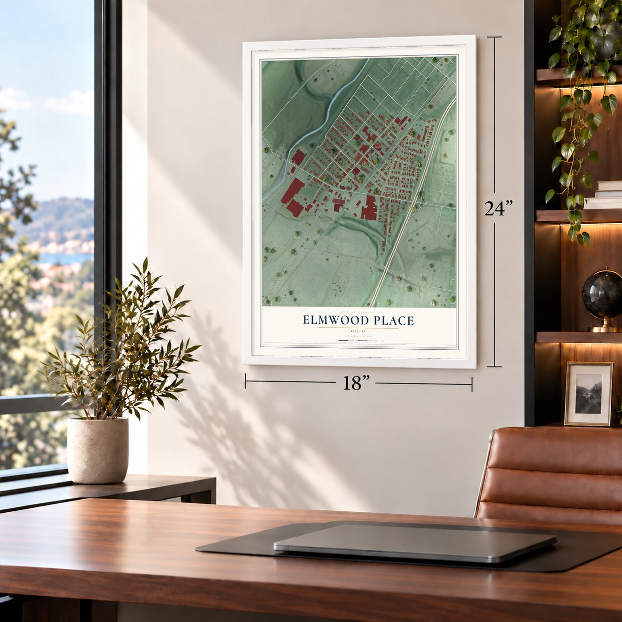 Elmwood Place, Ohio map, 18 x 24 inch print in a white frame in a home office