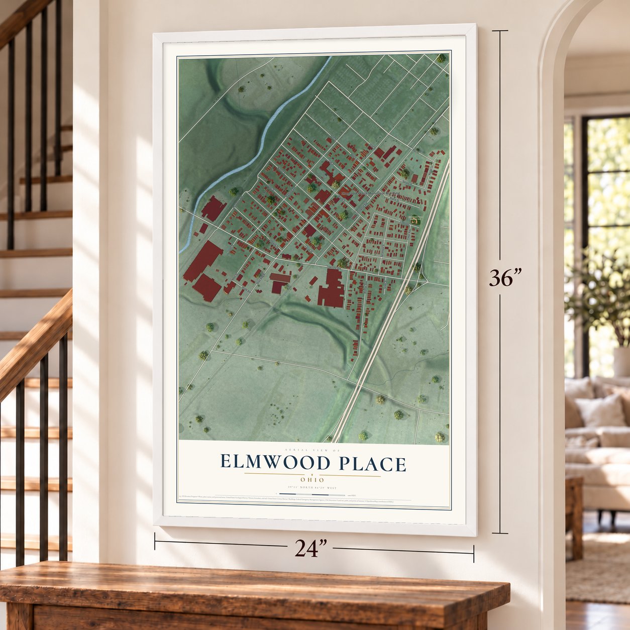Elmwood Place, Ohio map, 24 x 36 inch print in a white frame by a staircase