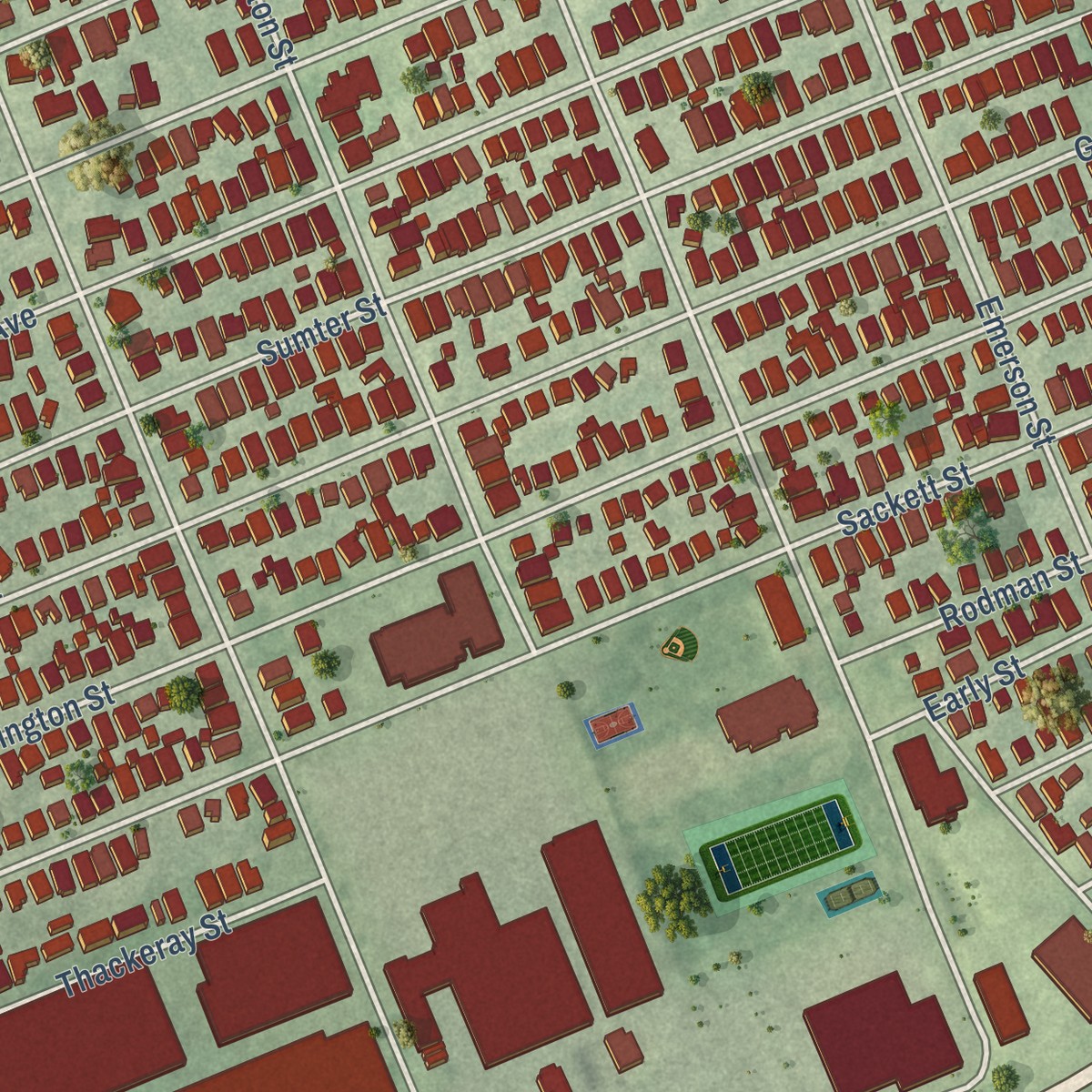 Second close-up of the map of Elmwood, Rhode Island print showing more streets and buildings