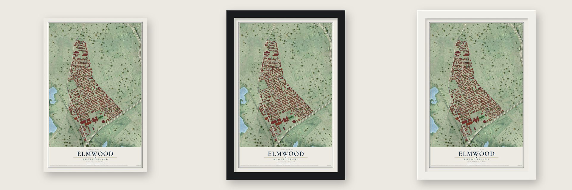 Elmwood, Rhode Island map unframed, in a black wood frame and in a white wood frame