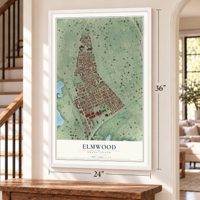 Elmwood, Rhode Island map, 24 x 36 inch print in a white frame by a staircase