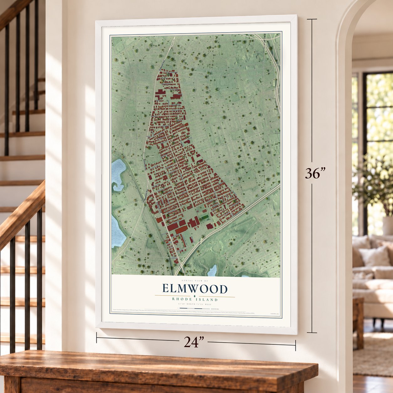 Elmwood, Rhode Island map, 24 x 36 inch print in a white frame by a staircase