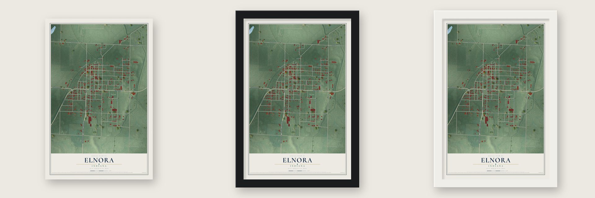 Elnora, Indiana map unframed, in a black wood frame and in a white wood frame