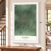 Elnora, Indiana map, 24 x 36 inch print in a white frame by a staircase