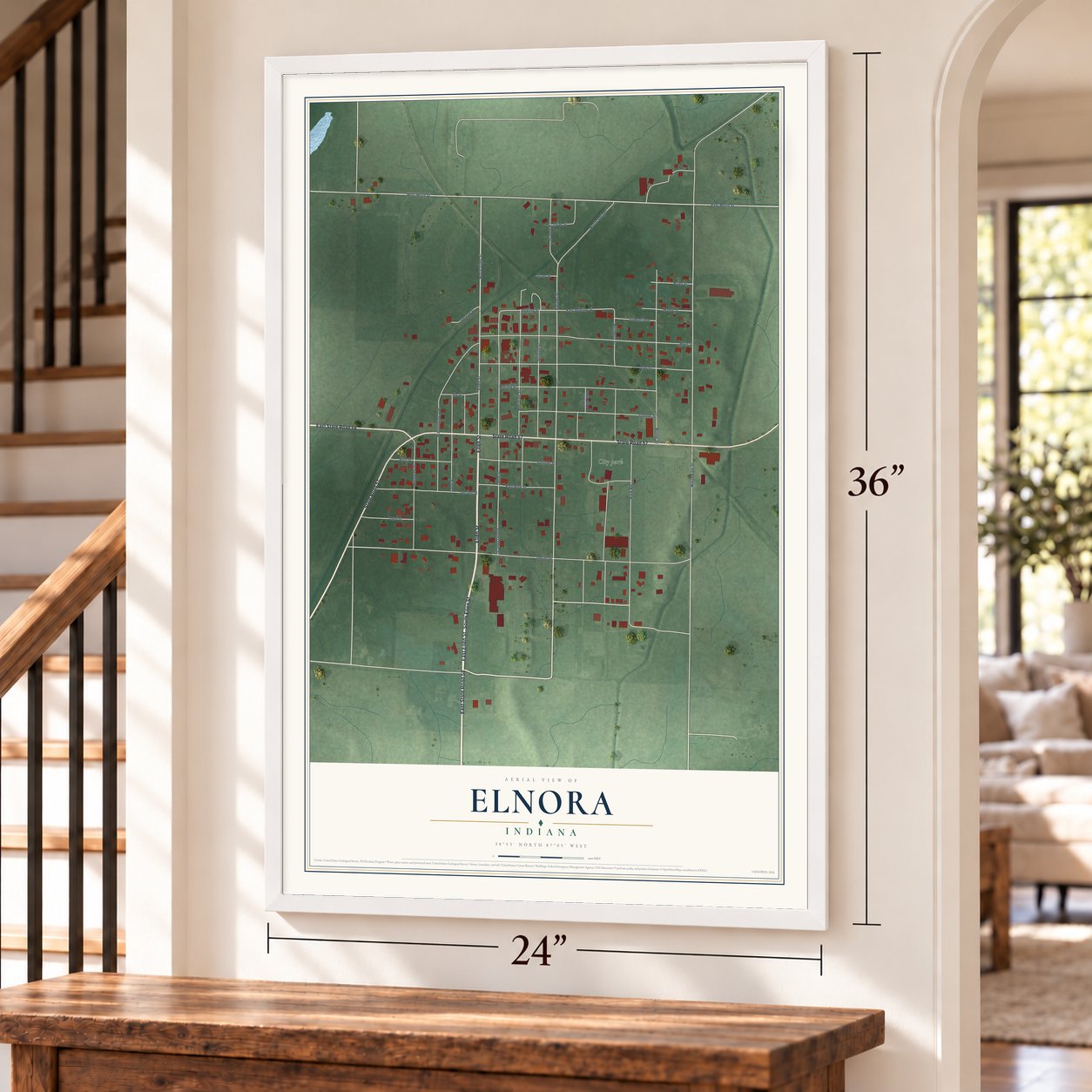 Elnora, Indiana map, 24 x 36 inch print in a white frame by a staircase
